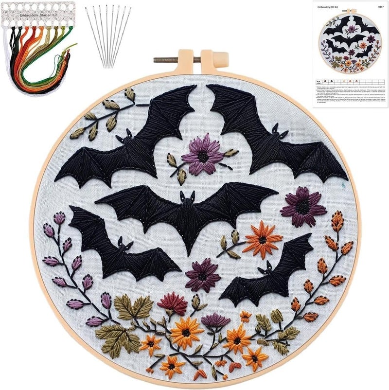 YOUDRN Halloween Embroidery Kit,Halloween Cross Stitch Kit,DIY Embroidery Kits for Adults,Embroidery Kit for Beginners with Pattern,Cotton Threads,Needles,Instruction,20cm Hoop,for Decor Home Room(Bat) - Image 1